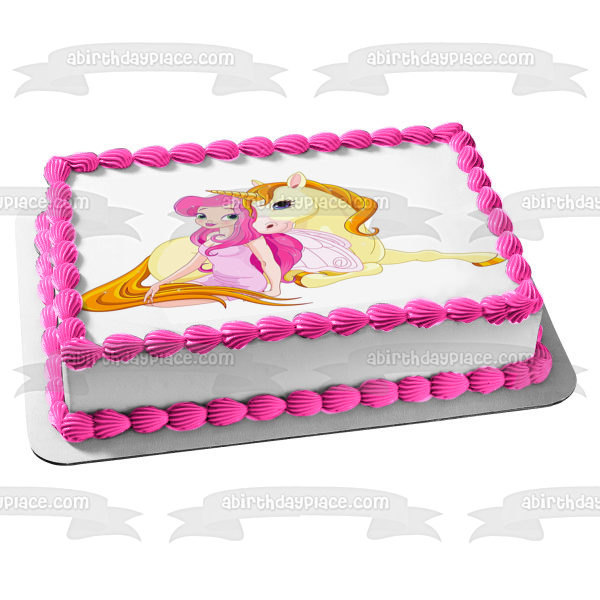 Yellow Unicorn and Pink Fairy Edible Cake Topper Image ABPID01813