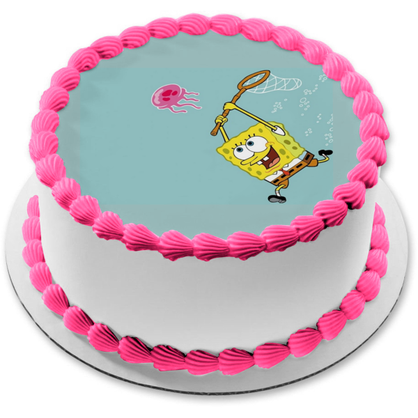 SpongeBob SquarePants Sponge Bob Square Pants and a Jellyfish Net Edible Cake Topper Image ABPID01818
