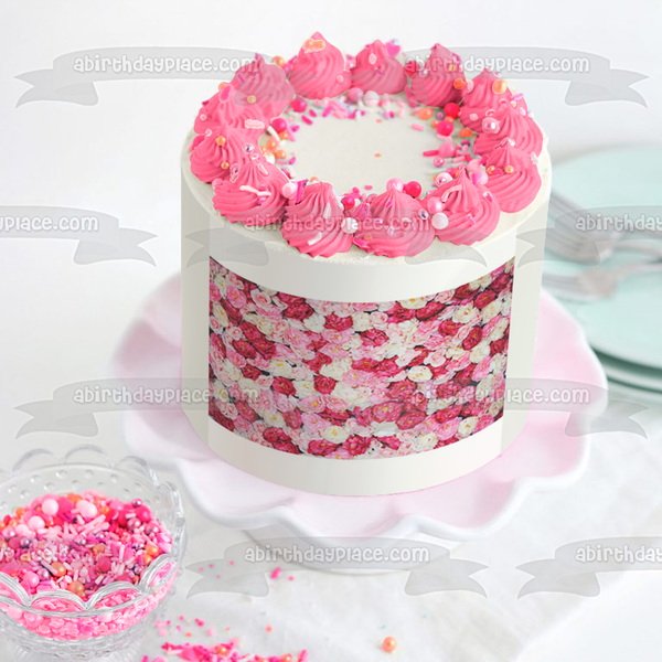 Roses Pattern White Pink and Red Edible Cake Topper Image ABPID01925