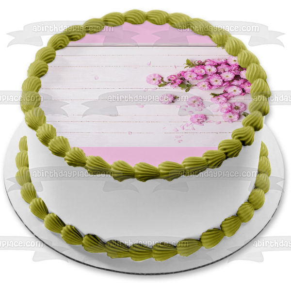 White Wood Panel Pink Flowers Edible Cake Topper Image ABPID01984