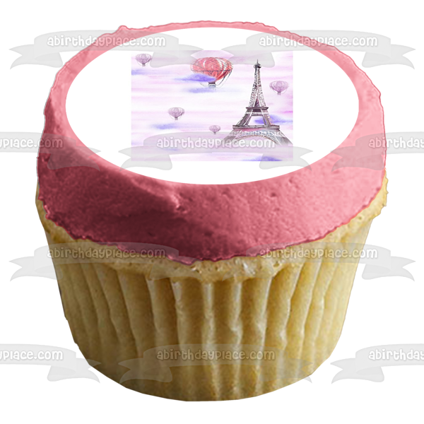 Eiffel Tower Hot Air Balloons and a Cloudy Sky Background Edible Cake Topper Image ABPID01994
