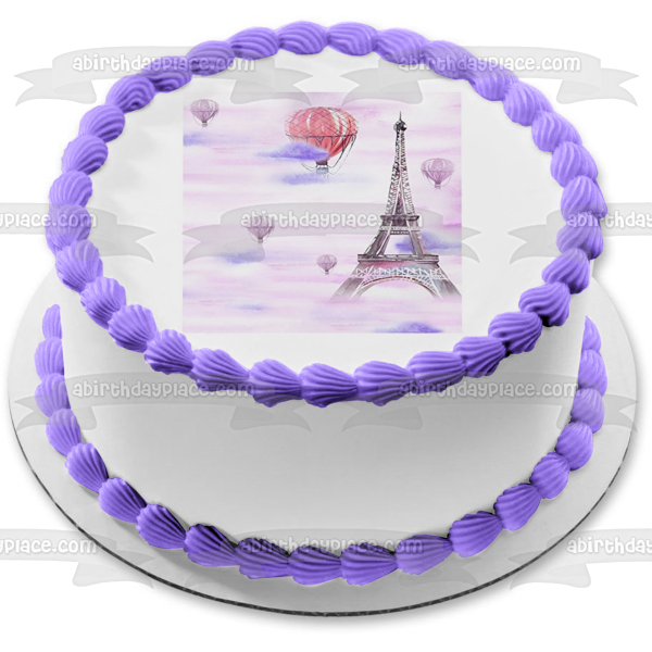 Eiffel Tower Hot Air Balloons and a Cloudy Sky Background Edible Cake Topper Image ABPID01994