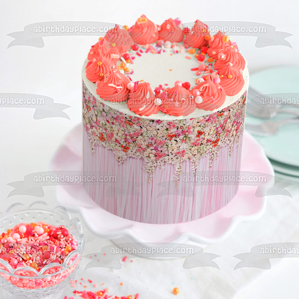 Red White Roses Carnations and a Pink Curtain Edible Cake Topper Image ABPID02014