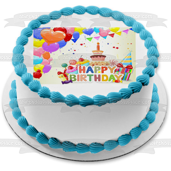 Happy Birthday Balloons Cake Candy and  Presents Edible Cake Topper Image ABPID02086