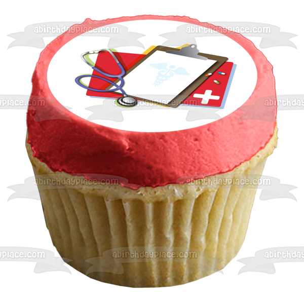 Nurse Doctor Clipboard Medicine and a Stethoscope Edible Cake Topper Image ABPID03159