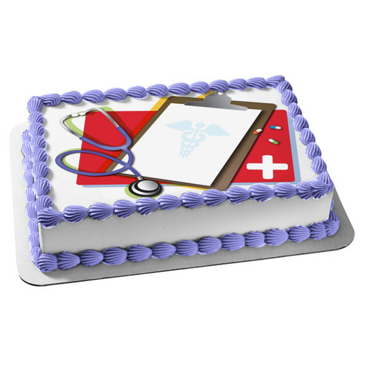 Nurse Doctor Clipboard Medicine and a Stethoscope Edible Cake Topper Image ABPID03159