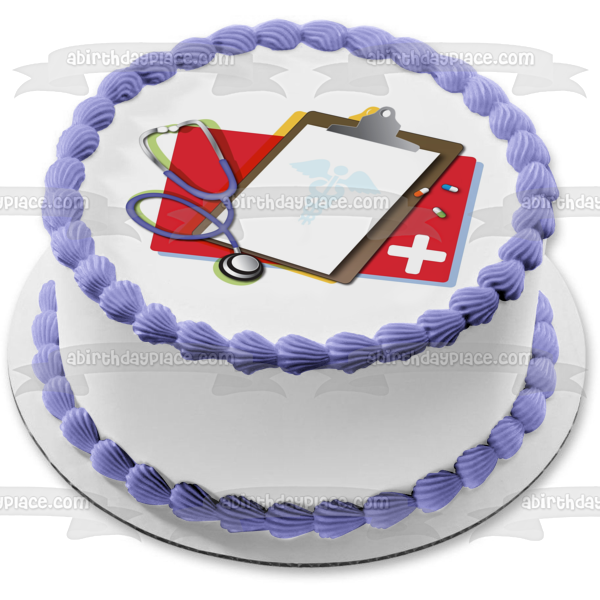Nurse Doctor Clipboard Medicine and a Stethoscope Edible Cake Topper Image ABPID03159