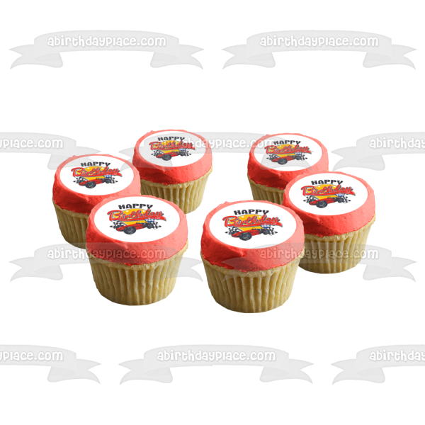 Happy Birthday Race Car and Checkered Flags Edible Cake Topper Image ABPID03185