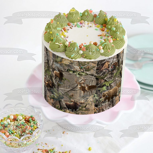 Camouflage Hunting Deer Bear Moose Turkey and a Tree Edible Cake Topper Image ABPID03239