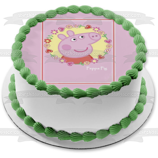 Peppa Pig Flowers and Hearts Edible Cake Topper Image ABPID03313