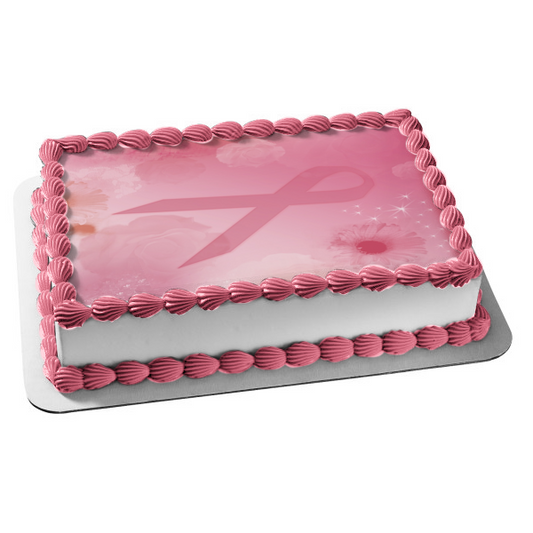 Imagen de decoración comestible para tarta con lazo rosa y flores para la cura del cáncer de mama ABPID03346 