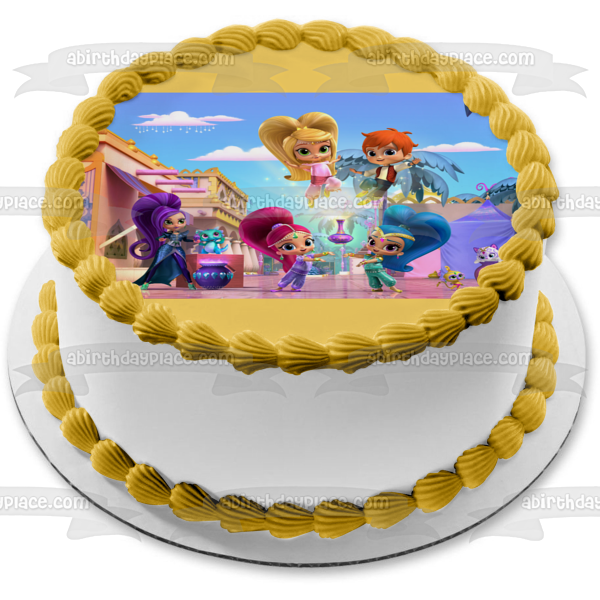 Shimmer and Shine and Leah Nazboo Blue Dragon Genie Bottle Zac and Zeta the Sorceress Edible Cake Topper Image ABPID03348