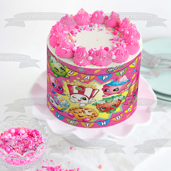 Shopkins Kooky Cookie D'Lish Donut Cupcake Chic Apple Blossom Strawberry Kiss Lippy Lips Scrubs Edible Cake Topper Image ABPID03401