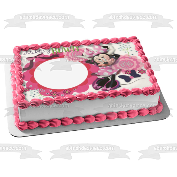 Marco de imagen comestible para decoración de tarta con flores y lazos de Minnie Mouse ABPID03420 
