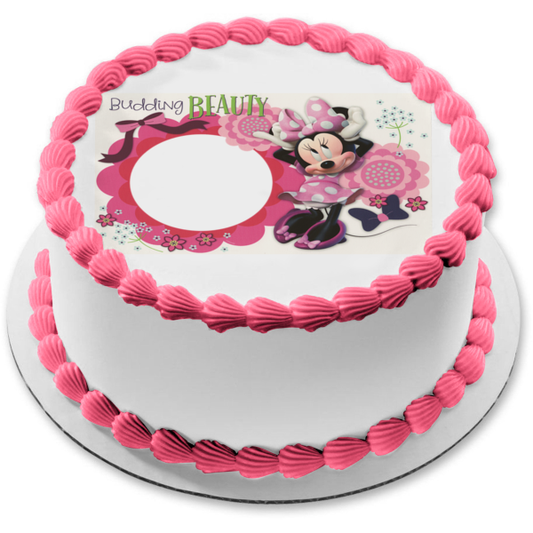Marco de imagen comestible para decoración de tarta con flores y lazos de Minnie Mouse ABPID03420 