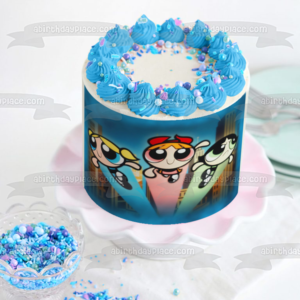 Power Puff Girls Blossom Bubbles Buttercup and Buildings Edible Cake Topper Image ABPID03572