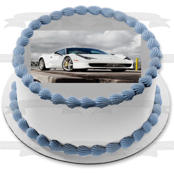 Ferrari 458 Italia White Sports Car Edible Cake Topper Image ABPID03573