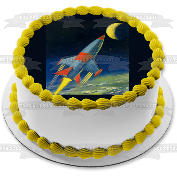 Rocket Ship and Moon In Outer Space Edible Cake Topper Image ABPID03435