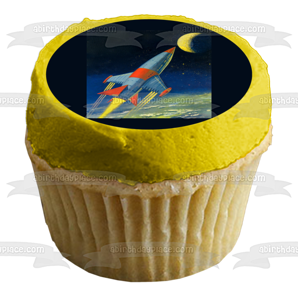 Rocket Ship and Moon In Outer Space Edible Cake Topper Image ABPID03435