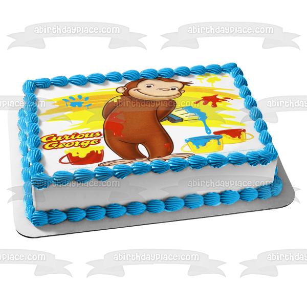 Curious George with Paint Buckets Edible Cake Topper Image ABPID03822