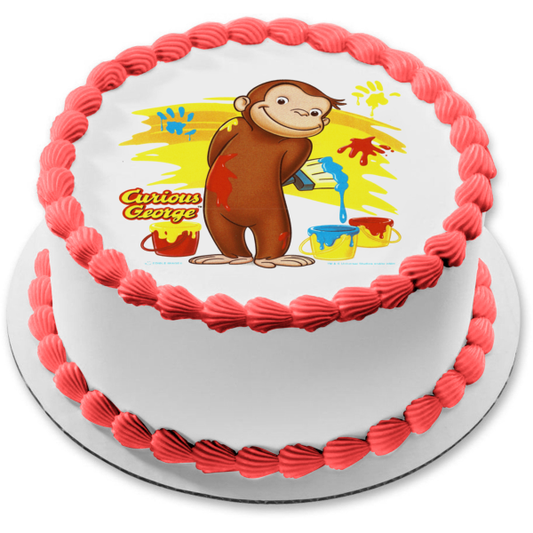 Curious George with Paint Buckets Edible Cake Topper Image ABPID03822