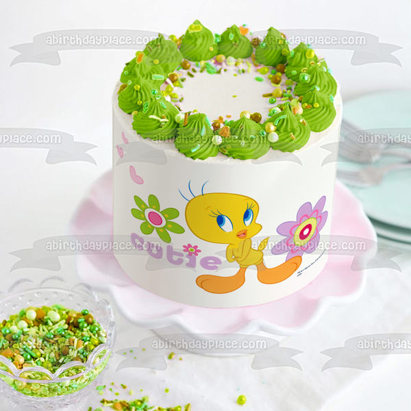 Looney Tunes Tweety Bird with Flowers and Hearts Edible Cake Topper Image ABPID03843