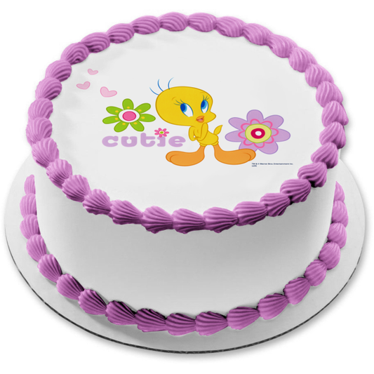 Looney Tunes Tweety Bird con flores y corazones Adorno comestible para tarta Imagen ABPID03843 