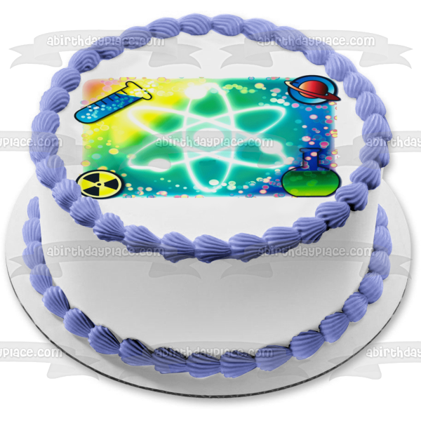 Chemistry Molecule Science Beaker Planet and a Test Tube Edible Cake Topper Image ABPID03887