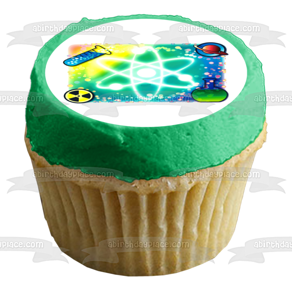 Chemistry Molecule Science Beaker Planet and a Test Tube Edible Cake Topper Image ABPID03887