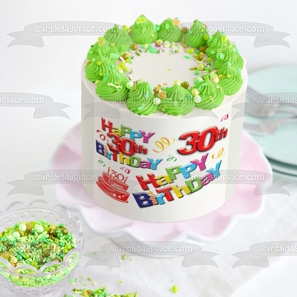 Happy 30th Birthday Cake and Streamers Edible Cake Topper Image ABPID03745