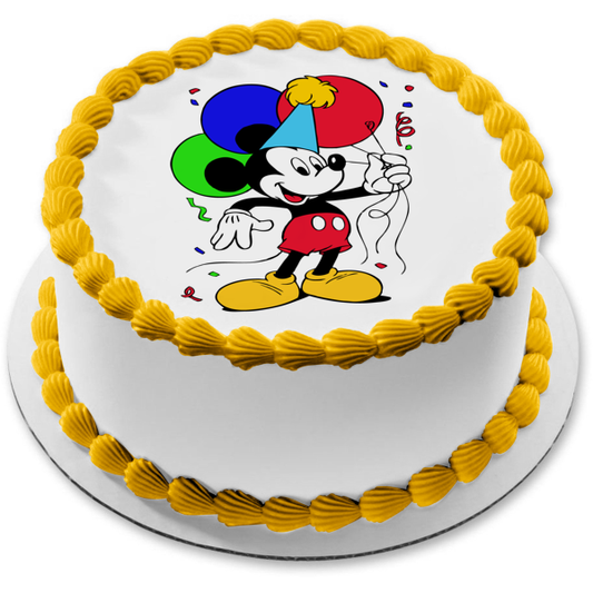 Mickey Mouse Party Hat and Balloons Edible Cake Topper Image ABPID03940