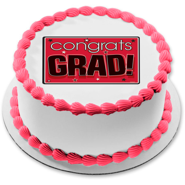Congrats Grad Pink Stars Celebration Edible Cake Topper Image ABPID03949