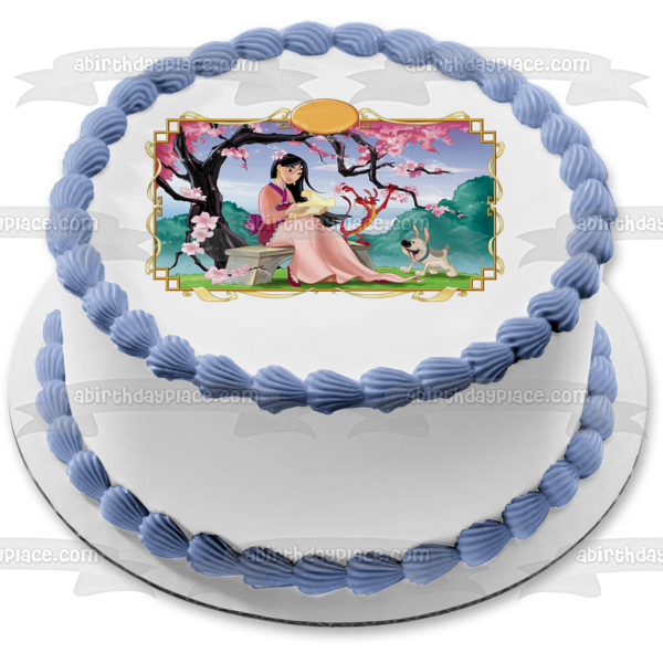 Mulan Plum Tree Bench Paper and a Dog Edible Cake Topper Image ABPID04006