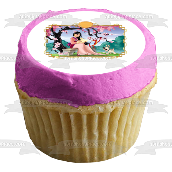 Mulan Plum Tree Bench Paper and a Dog Edible Cake Topper Image ABPID04006