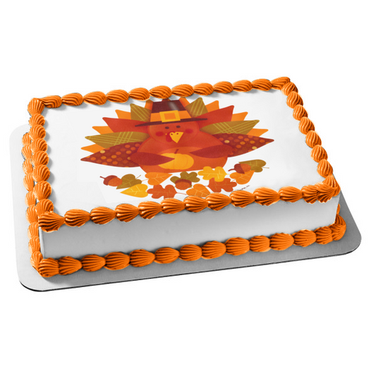 Happy Thanksgiving Turkey Pilgrim Hat and a Pumpkin Edible Cake Topper Image ABPID04013