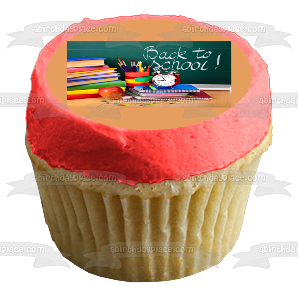 Back to School Chalkboard Books and a Clock Edible Cake Topper Image ABPID03990