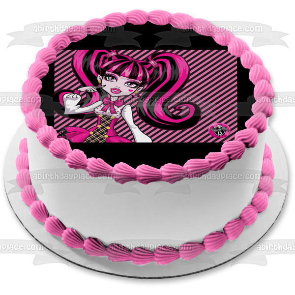 Laura Draculaura Monster High Pink Black Lines Edible Cake Topper Image ABPID04230