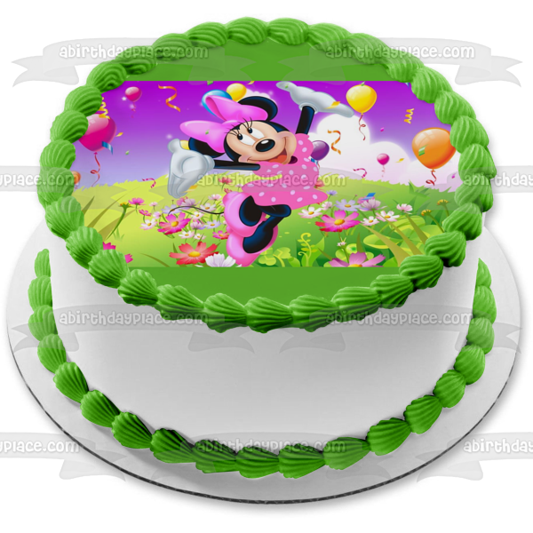Minnie Mouse Balloons and a Field of Flowers Edible Cake Topper Image ABPID04275