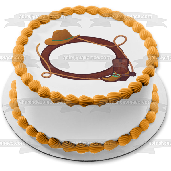 Cowboy Hat Boots Lasso and a Rope Edible Cake Topper Image Frame ABPID04392