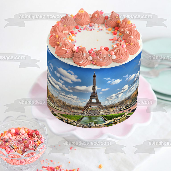 Eiffel Tower Bonjour Paris France Sky Clouds Edible Cake Topper Image ABPID04413
