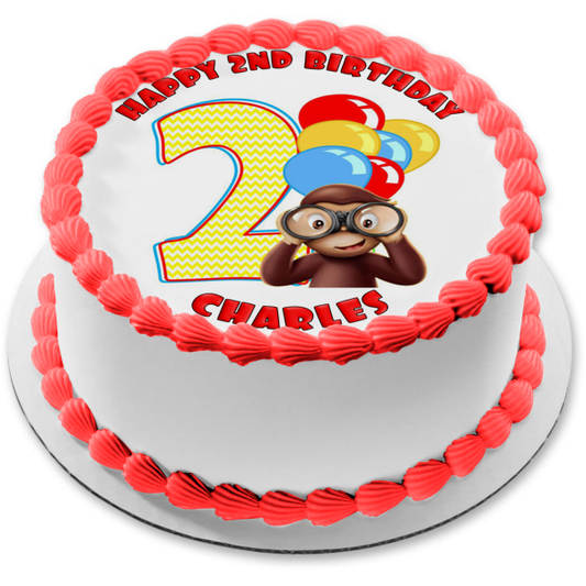 Curious George 2nd Birthday Number 2 Binoculars Baloons Edible Cake Topper Image ABPID04539