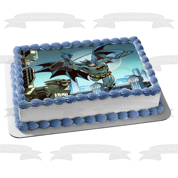 Batman Flying Over Gotham City Moonlight Edible Cake Topper Image ABPID07244