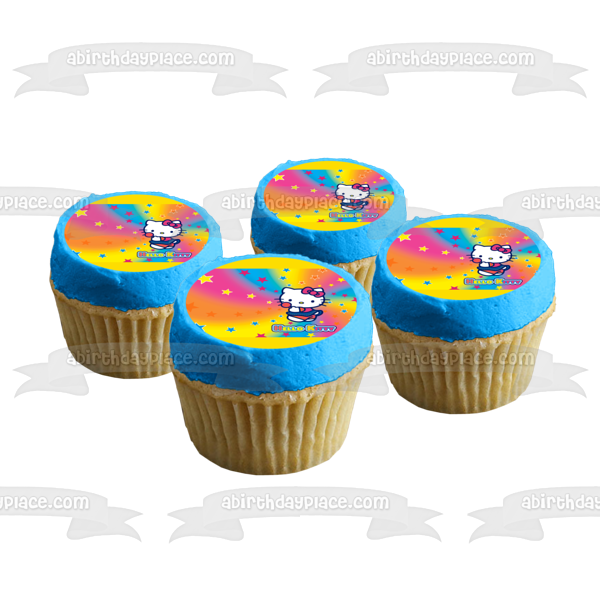 Hello Kitty Candy on a Rainbow Star Spiral Background Edible Cake Topper Image ABPID04557
