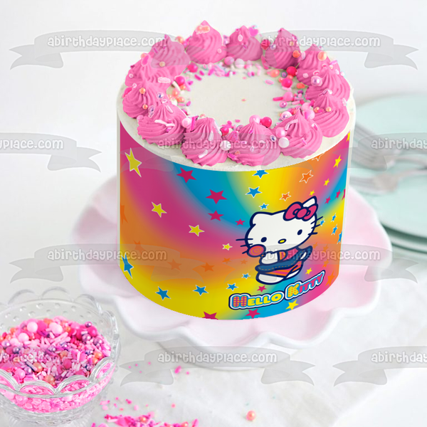 Hello Kitty Candy on a Rainbow Star Spiral Background Edible Cake Topper Image ABPID04557