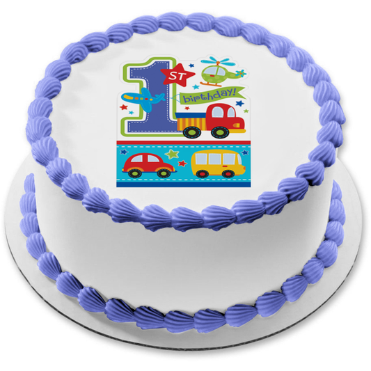 Todos a bordo de vehículos Primer cumpleaños Helicóptero Camión y un automóvil Imagen de decoración comestible para pastel ABPID04638 