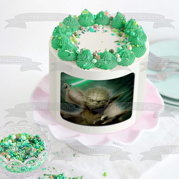Star Wars Yoda with a Green Lightsaber Edible Cake Topper Image ABPID04659