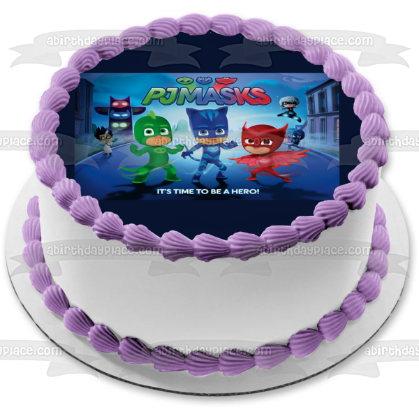 Pj Masks Catboy Owlette and Gekko It's Time to Be a Hero! Edible Cake Topper Image ABPID04662