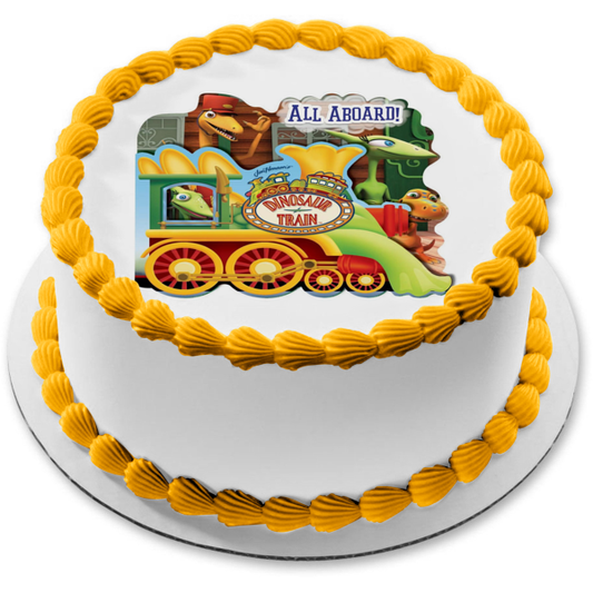 Imagen de decoración comestible para tarta con tren de dinosaurios, todos a bordo, ABPID04698 