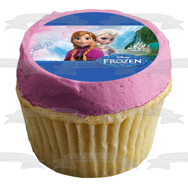 Frozen Elsa and Anna Smiling In Front of a Castle Edible Cake Topper Image ABPID04794