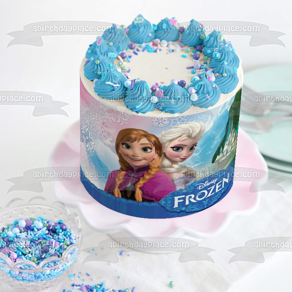 Frozen Elsa and Anna Smiling In Front of a Castle Edible Cake Topper Image ABPID04794